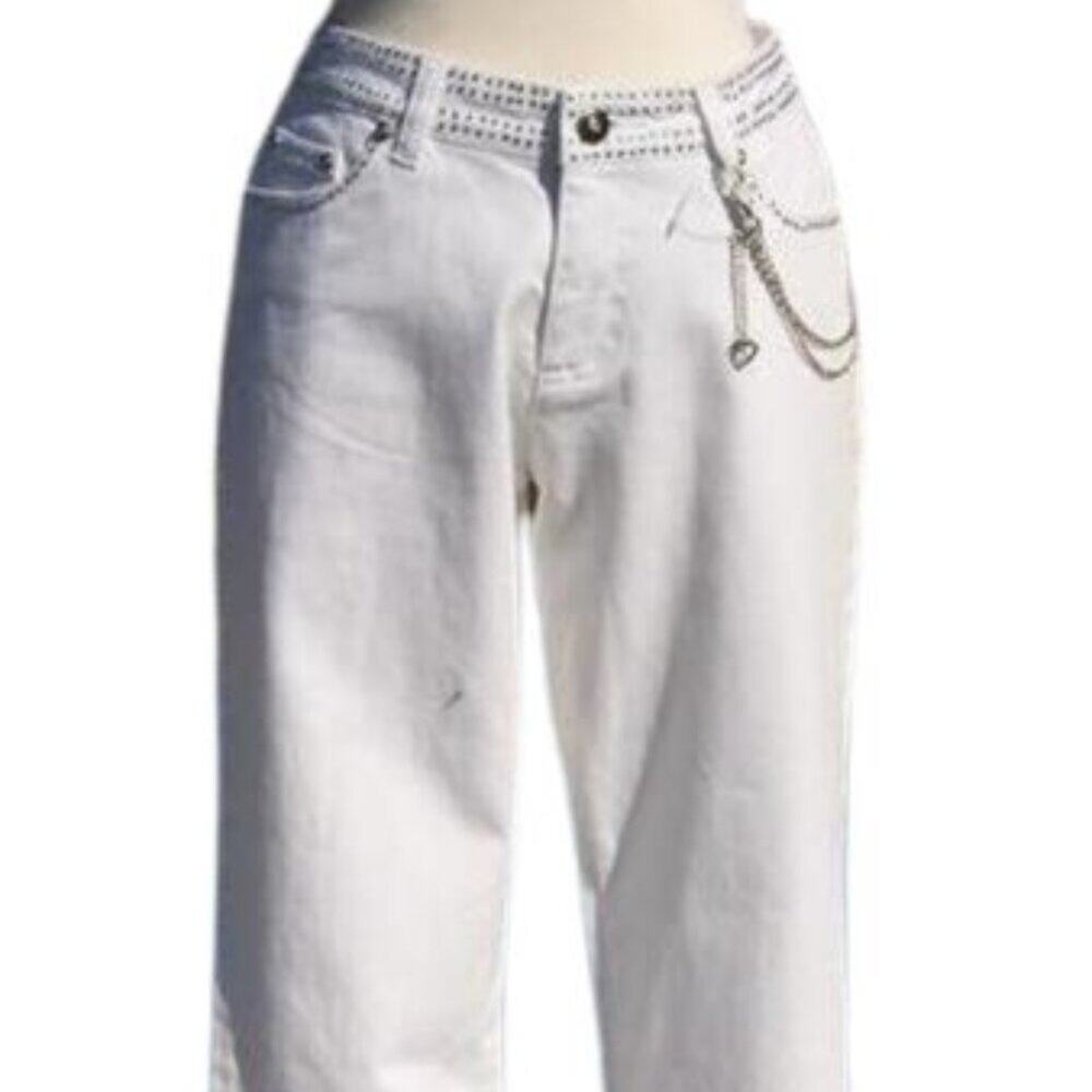 Cache White Denim Embellished Flare Jean Pant Rhinestone Chain Belt New $168 NWT - Picture 4 of 8